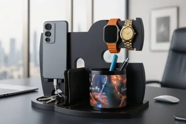 Wooden Table organizer carrying essentials on it